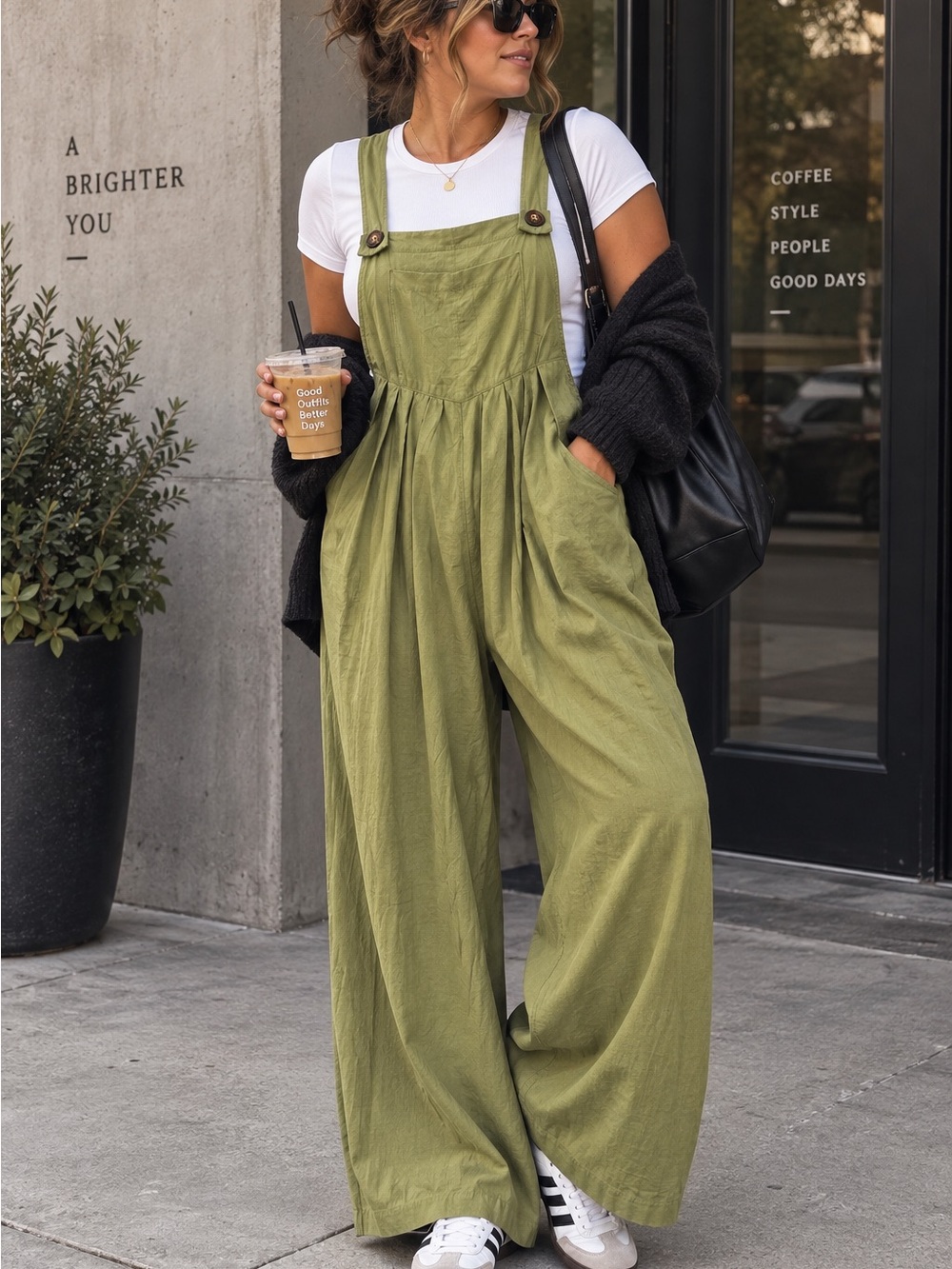 Moss Green Wide Leg Jumpsuit Pleated Waist Utility Overalls XS